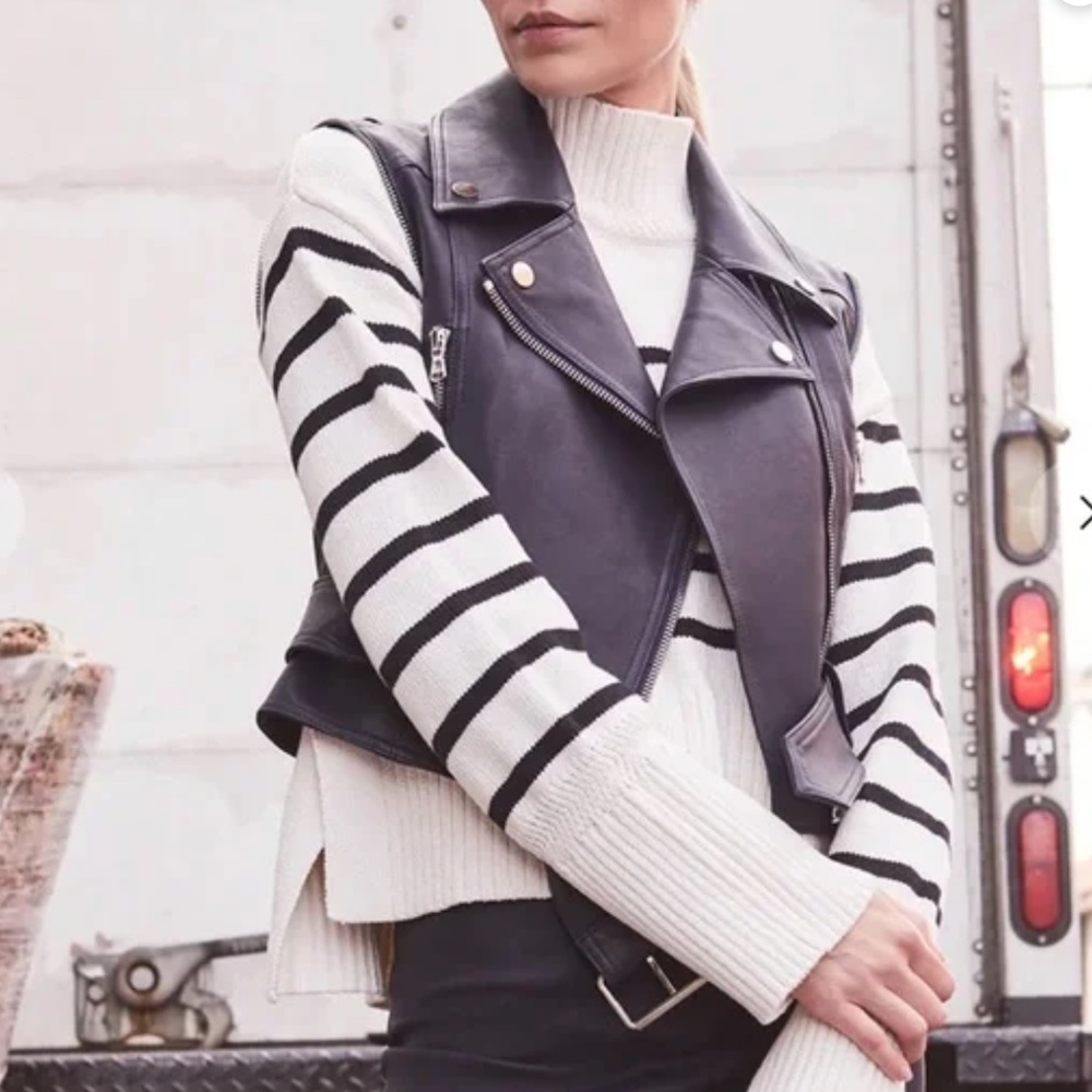 Veronica Beard Jylan Leather Moto Jacket & Vest combo/ Navy w/silver zipp size 4 - Picture 6 of 11